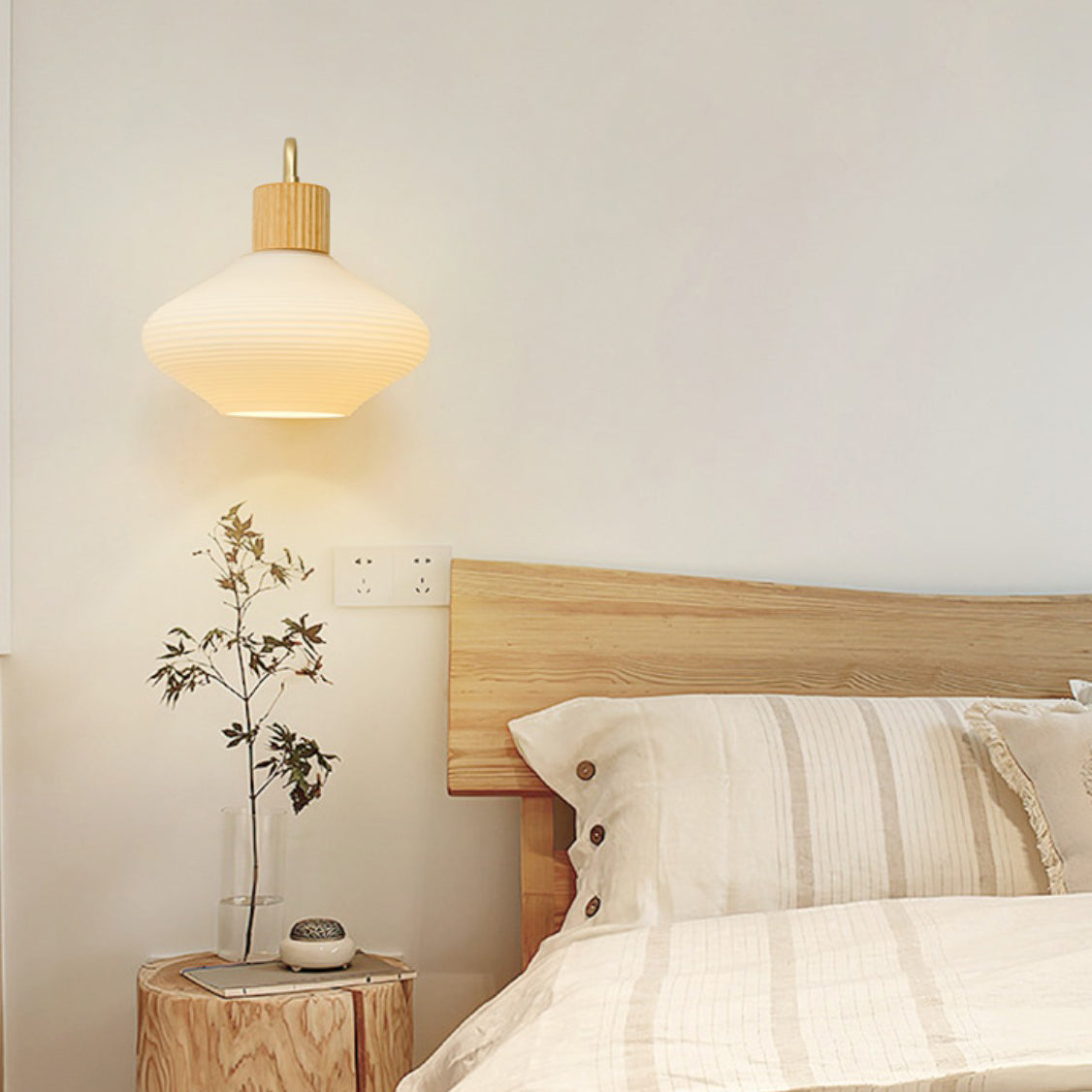 Nordic Oval Striped Glass Wood 1-Light Wall Sconce Lamp