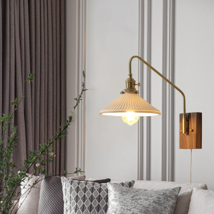 Japanese Base Ceramic Shade Wood 1-Light Wall Sconce Lamp