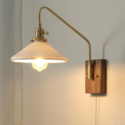 Japanese Base Ceramic Shade Wood 1-Light Wall Sconce Lamp