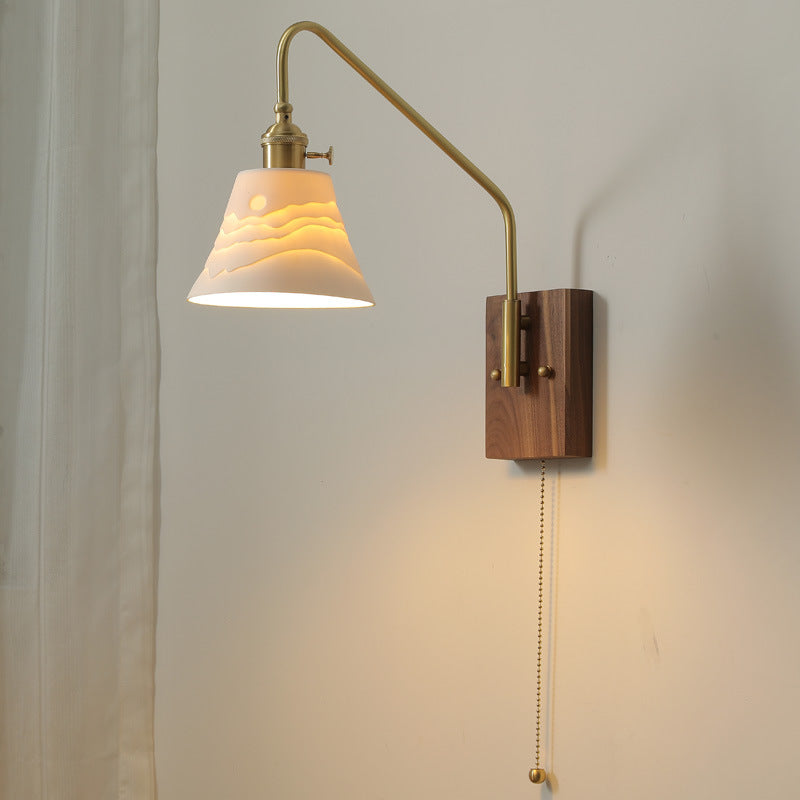 Japanese Base Ceramic Shade Wood 1-Light Wall Sconce Lamp