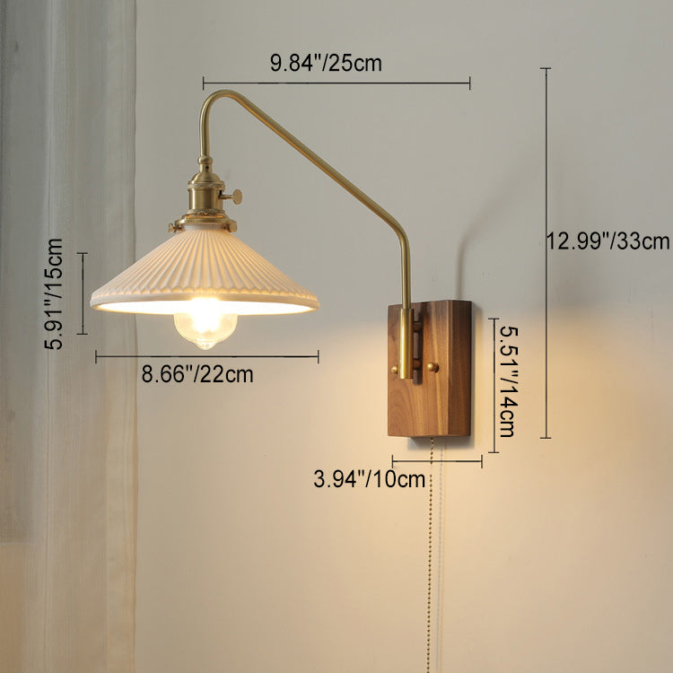 Japanese Base Ceramic Shade Wood 1-Light Wall Sconce Lamp