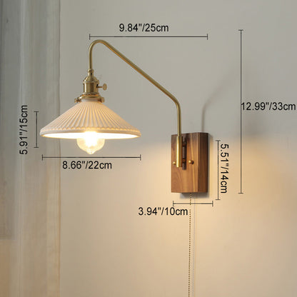 Japanese Base Ceramic Shade Wood 1-Light Wall Sconce Lamp