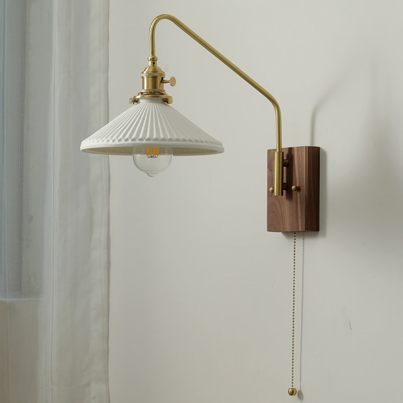 Japanese Base Ceramic Shade Wood 1-Light Wall Sconce Lamp