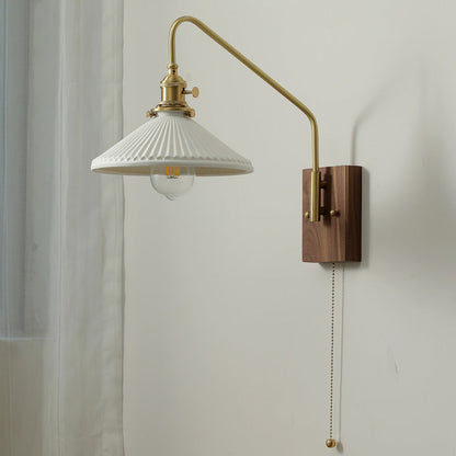 Japanese Base Ceramic Shade Wood 1-Light Wall Sconce Lamp