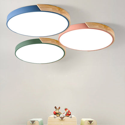 Modern Minimalist Round Macaron Iron Wood Acrylic LED Flush Mount Ceiling Light For Living Room