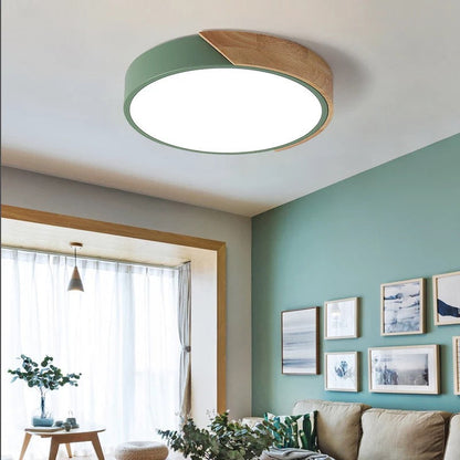 Modern Minimalist Round Macaron Iron Wood Acrylic LED Flush Mount Ceiling Light For Living Room