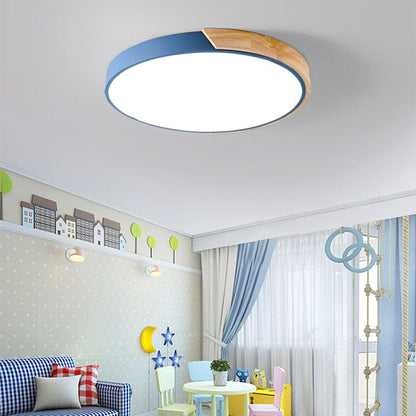 Modern Minimalist Round Macaron Iron Wood Acrylic LED Flush Mount Ceiling Light For Living Room