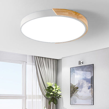 Modern Minimalist Round Macaron Iron Wood Acrylic LED Flush Mount Ceiling Light For Living Room