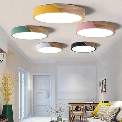 Modern Minimalist Round Macaron Iron Wood Acrylic LED Flush Mount Ceiling Light For Living Room