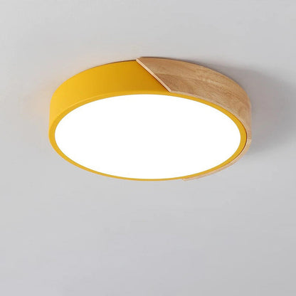 Modern Minimalist Round Macaron Iron Wood Acrylic LED Flush Mount Ceiling Light For Living Room