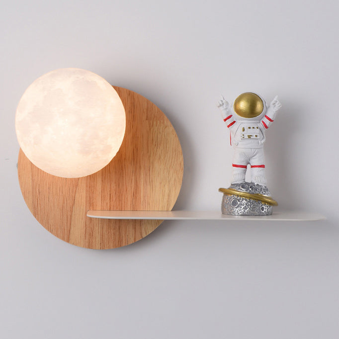 Cartoon Astronaut Iron Resin Wood 1 -Light Wall Sconce Lamp