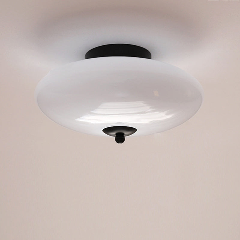Modern Art Deco Drum Opal Iron Glass LED Semi-Flush Mount Ceiling Light For Bedroom