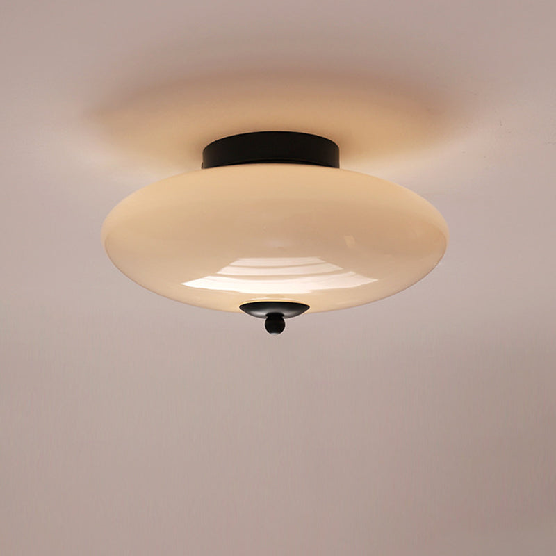 Modern Art Deco Drum Opal Iron Glass LED Semi-Flush Mount Ceiling Light For Bedroom