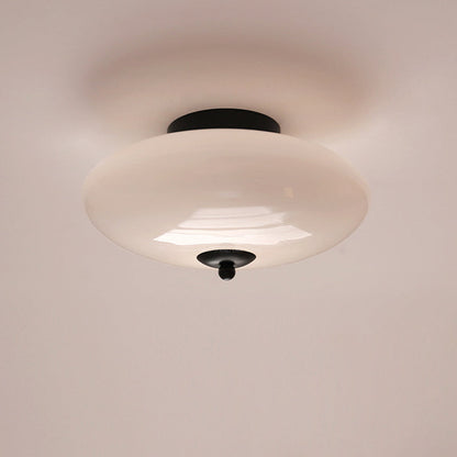 Modern Art Deco Drum Opal Iron Glass LED Semi-Flush Mount Ceiling Light For Bedroom