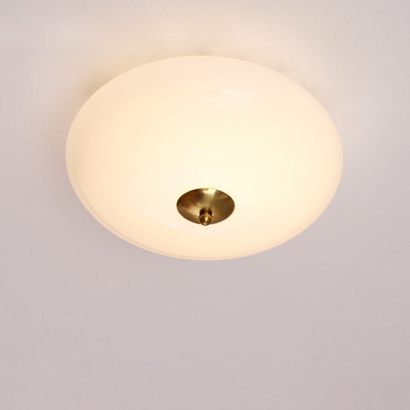 Modern Art Deco Drum Opal Iron Glass LED Semi-Flush Mount Ceiling Light For Bedroom