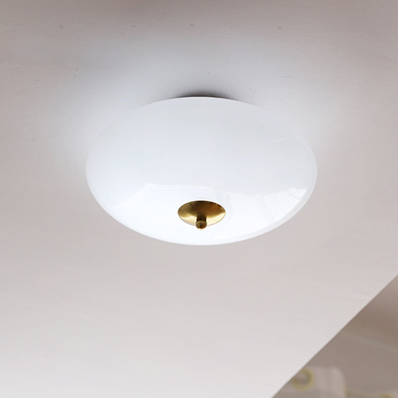 Modern Art Deco Drum Opal Iron Glass LED Semi-Flush Mount Ceiling Light For Bedroom