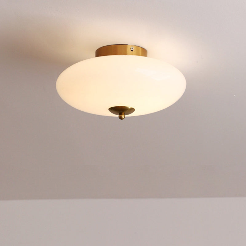 Modern Art Deco Drum Opal Iron Glass LED Semi-Flush Mount Ceiling Light For Bedroom