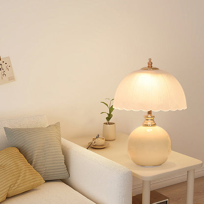 Contemporary Nordic Half Dome Flower Globe Base Iron Ceramic Glass 1-Light Table Lamp For Bedroom