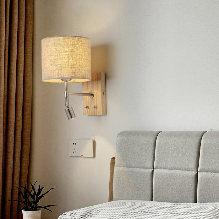 Rotatable Fabric Iron Solid Wood 2-Light Wall Sconce Lamp