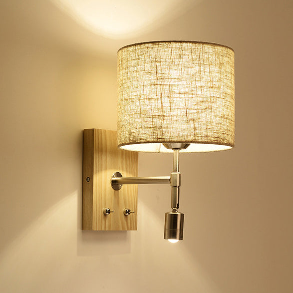 Rotatable Fabric Iron Solid Wood 2-Light Wall Sconce Lamp