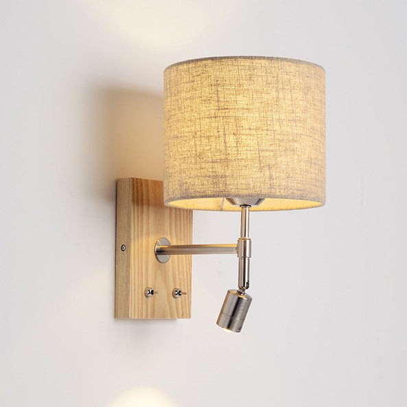 Rotatable Fabric Iron Solid Wood 2-Light Wall Sconce Lamp