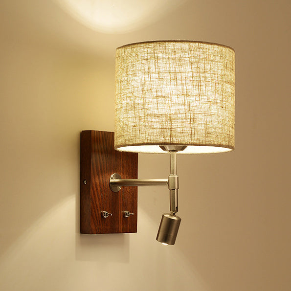 Rotatable Fabric Iron Solid Wood 2-Light Wall Sconce Lamp