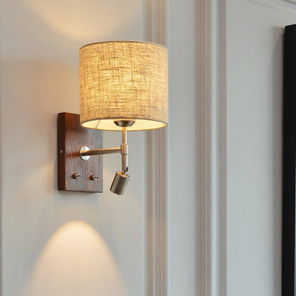 Rotatable Fabric Iron Solid Wood 2-Light Wall Sconce Lamp