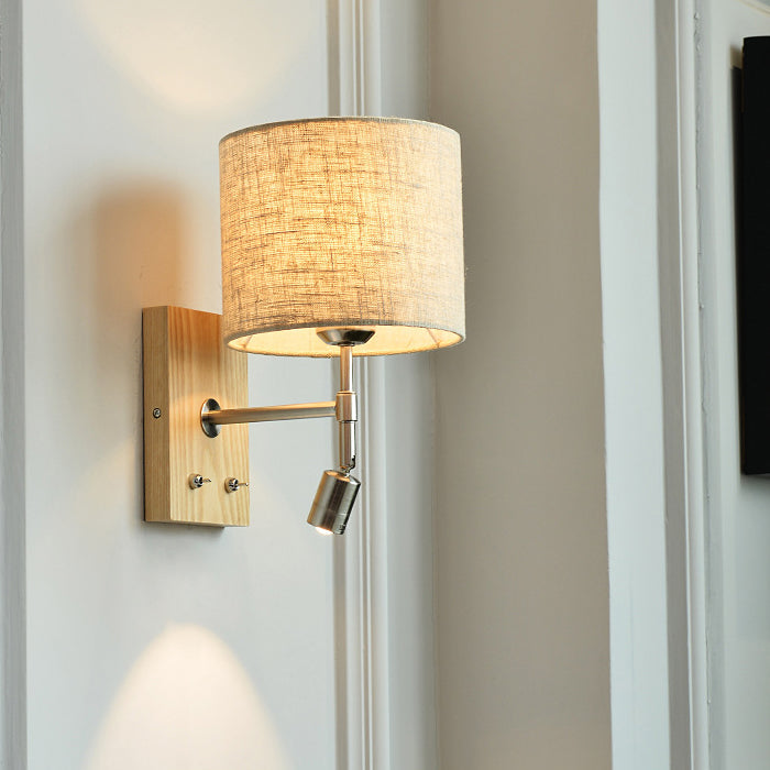 Rotatable Fabric Iron Solid Wood 2-Light Wall Sconce Lamp