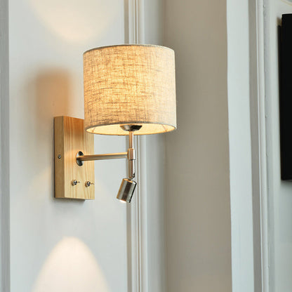 Rotatable Fabric Iron Solid Wood 2-Light Wall Sconce Lamp