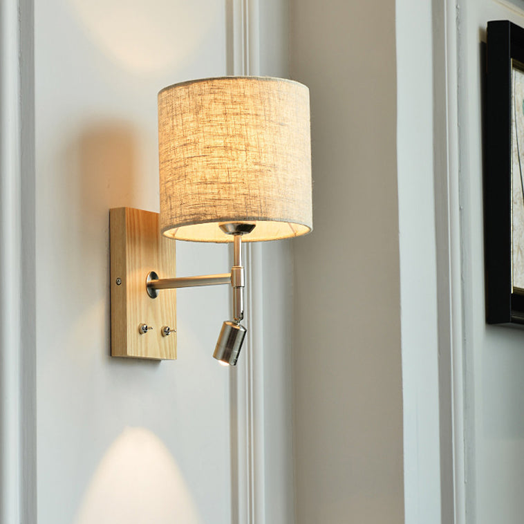 Rotatable Fabric Iron Solid Wood 2-Light Wall Sconce Lamp