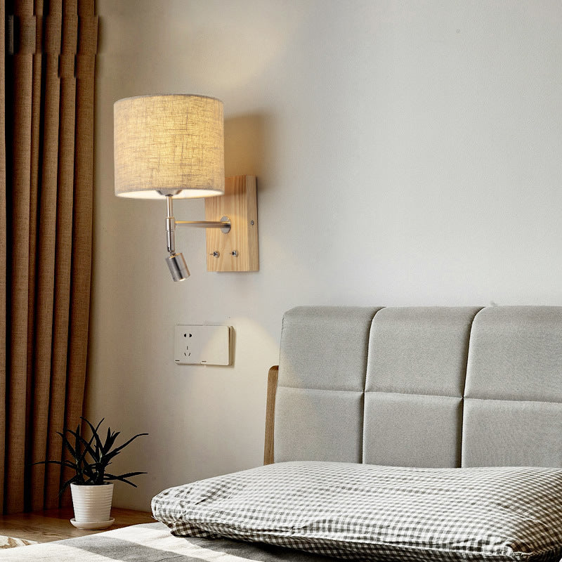 Rotatable Fabric Iron Solid Wood 2-Light Wall Sconce Lamp