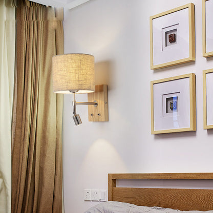Rotatable Fabric Iron Solid Wood 2-Light Wall Sconce Lamp