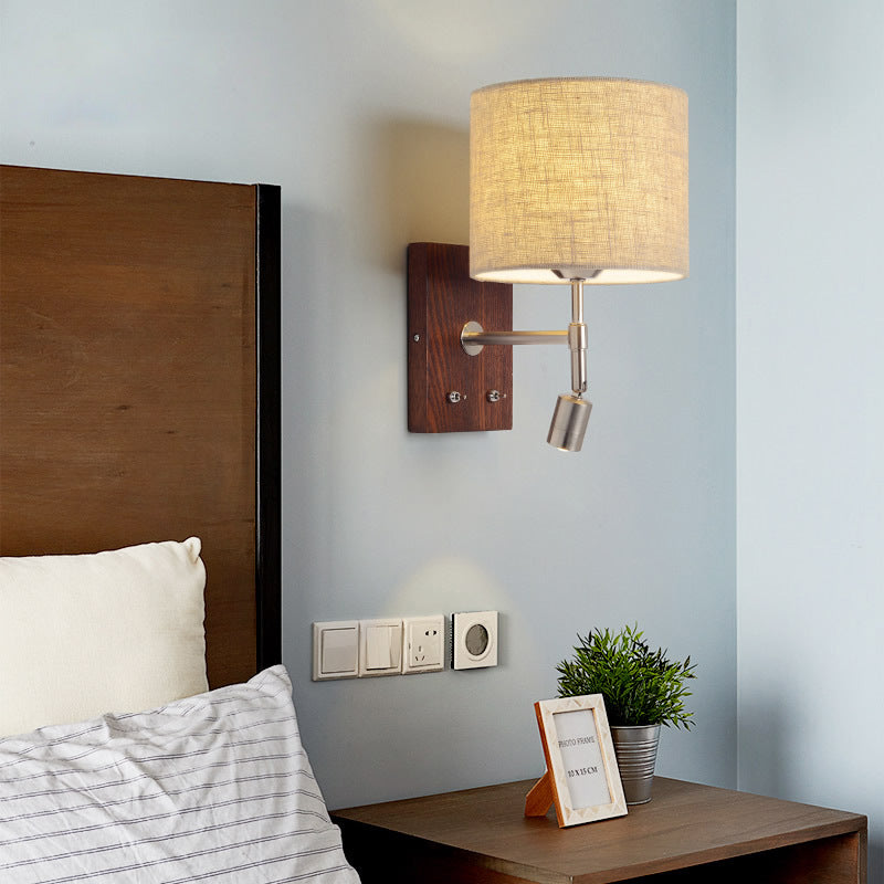 Rotatable Fabric Iron Solid Wood 2-Light Wall Sconce Lamp