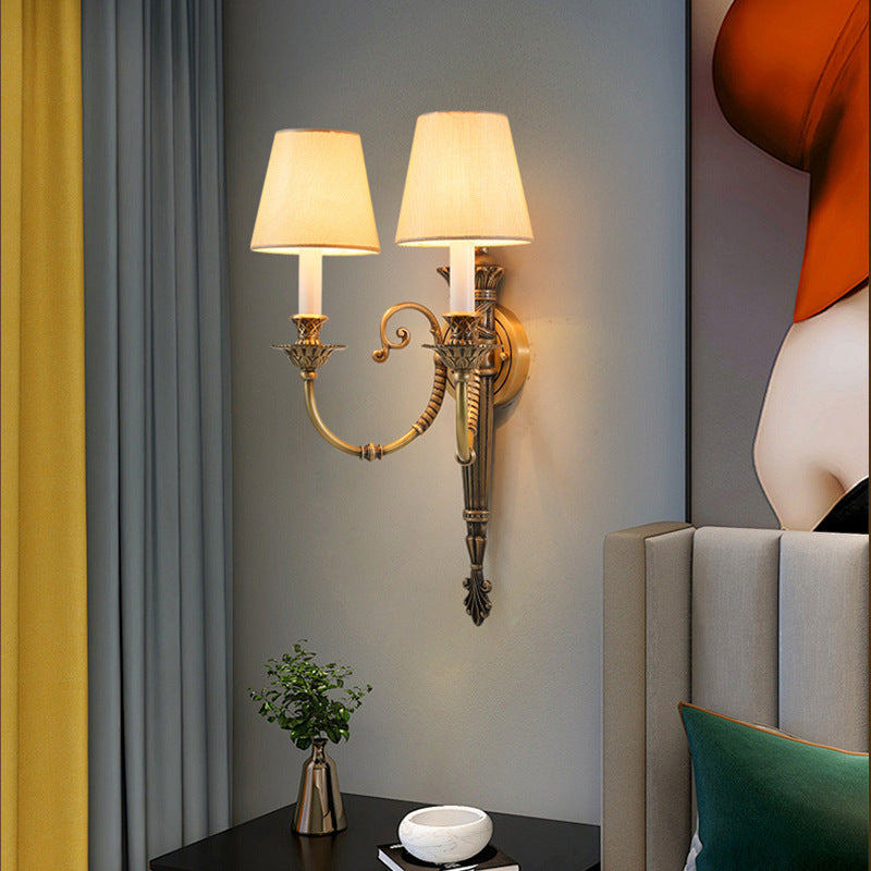 Brass Fabric Cylinder Shade 2-Light Wall Sconce Lamp