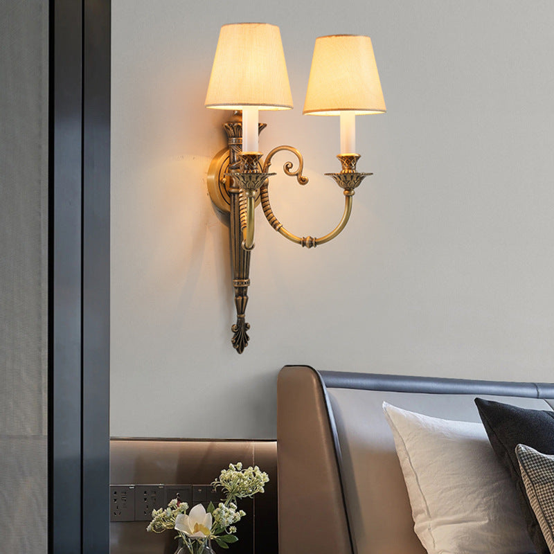 Brass Fabric Cylinder Shade 2-Light Wall Sconce Lamp