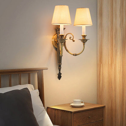 Brass Fabric Cylinder Shade 2-Light Wall Sconce Lamp