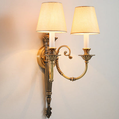 Brass Fabric Cylinder Shade 2-Light Wall Sconce Lamp