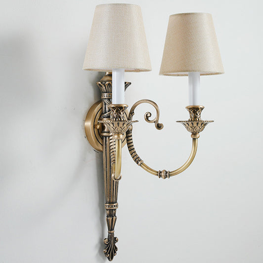 Brass Fabric Cylinder Shade 2-Light Wall Sconce Lamp