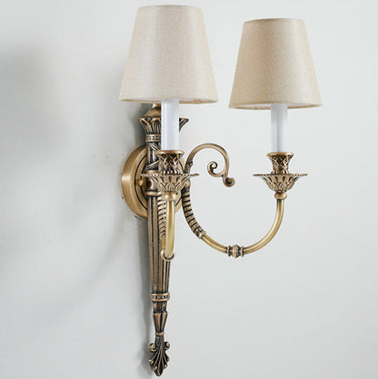 Brass Fabric Cylinder Shade 2-Light Wall Sconce Lamp
