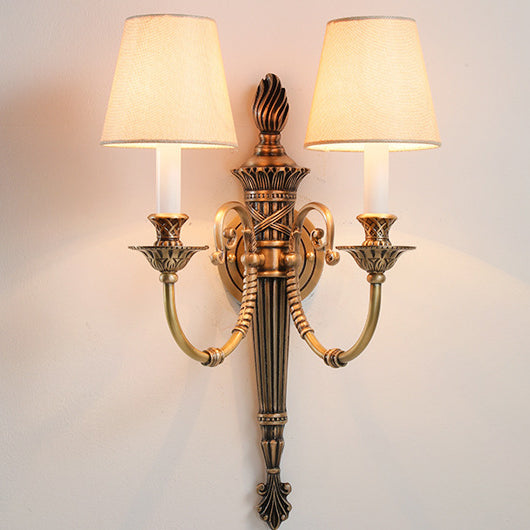 Brass Fabric Cylinder Shade 2-Light Wall Sconce Lamp