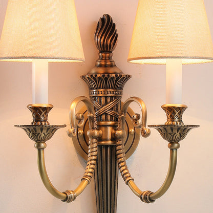 Brass Fabric Cylinder Shade 2-Light Wall Sconce Lamp