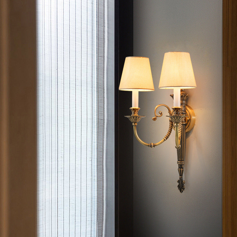 Brass Fabric Cylinder Shade 2-Light Wall Sconce Lamp