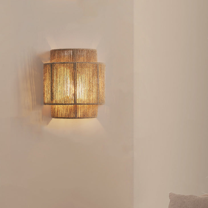Boho Iron Hemp Rope Half Cylinder 1-Light Wall Sconce Lamp