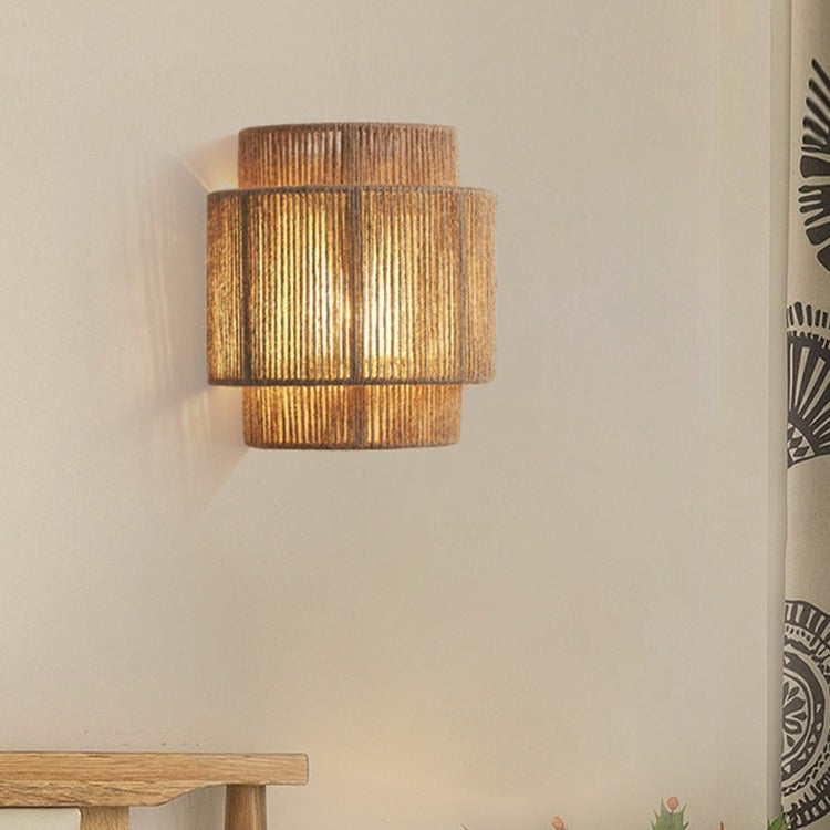 Boho Iron Hemp Rope Half Cylinder 1-Light Wall Sconce Lamp