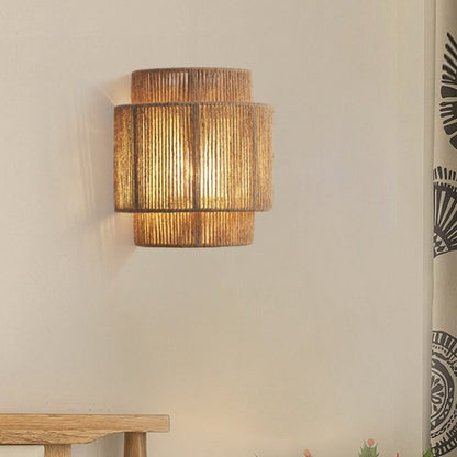 Boho Iron Hemp Rope Half Cylinder 1-Light Wall Sconce Lamp