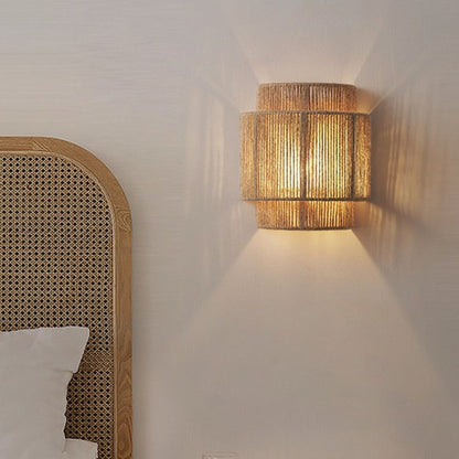 Boho Iron Hemp Rope Half Cylinder 1-Light Wall Sconce Lamp