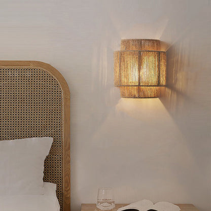 Boho Iron Hemp Rope Half Cylinder 1-Light Wall Sconce Lamp