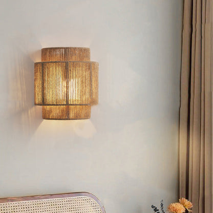 Boho Iron Hemp Rope Half Cylinder 1-Light Wall Sconce Lamp
