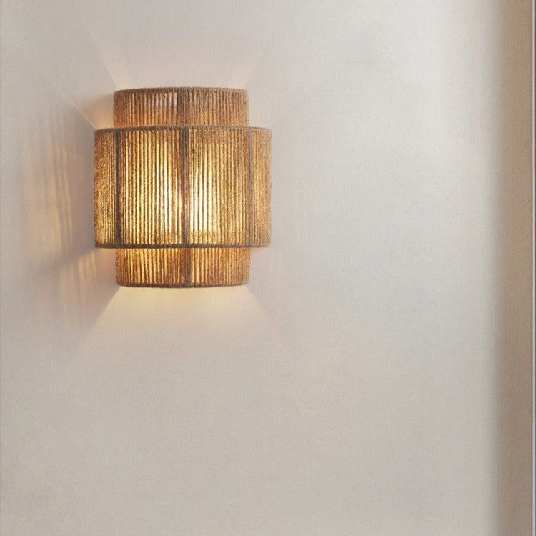 Boho Iron Hemp Rope Half Cylinder 1-Light Wall Sconce Lamp