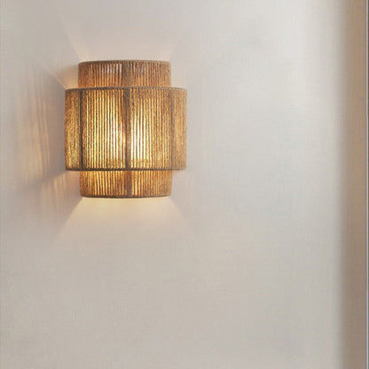 Boho Iron Hemp Rope Half Cylinder 1-Light Wall Sconce Lamp